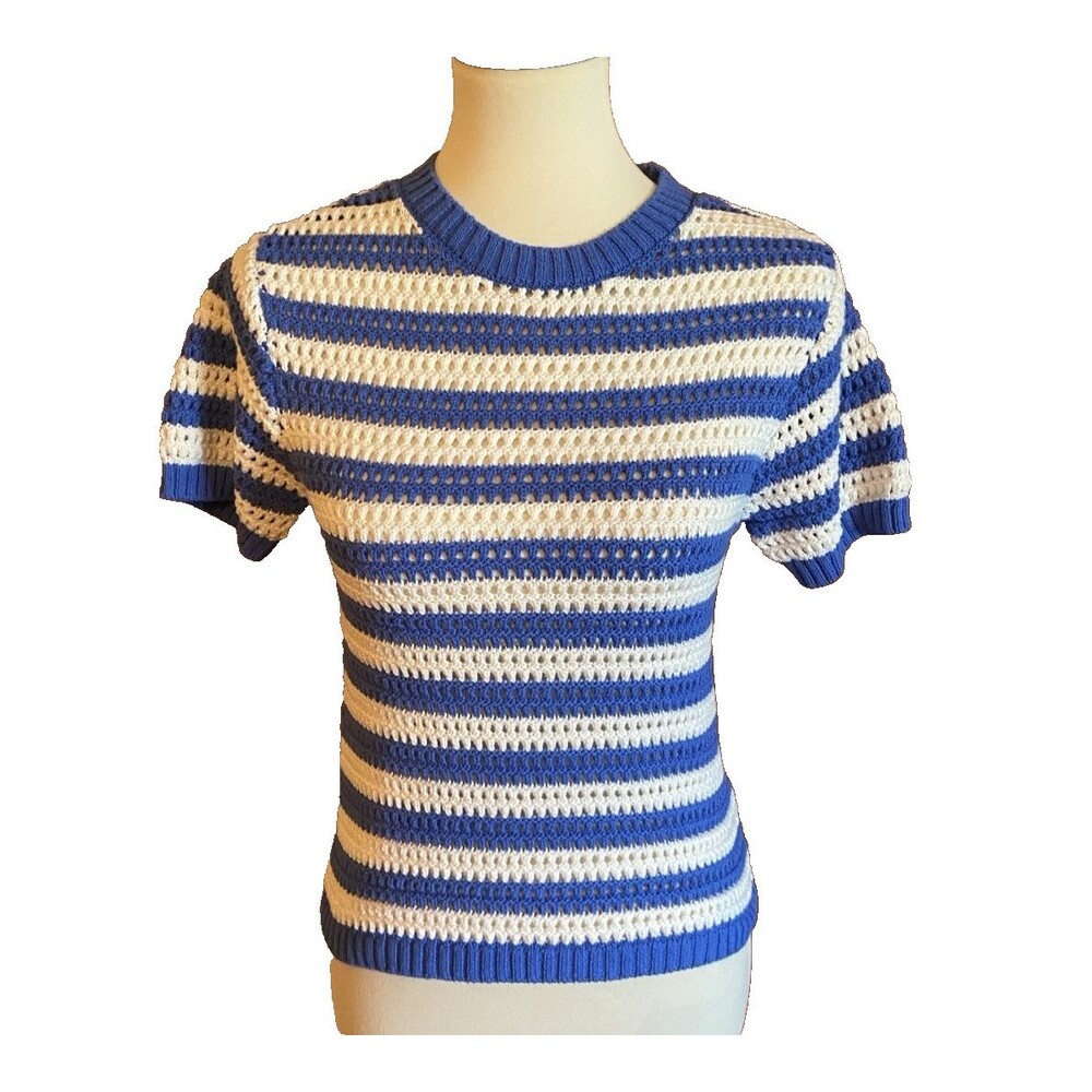 Johnnie-O Aubrey Stripe Knit Women's Short Sleeve Golf Sweater XSmall Blue White